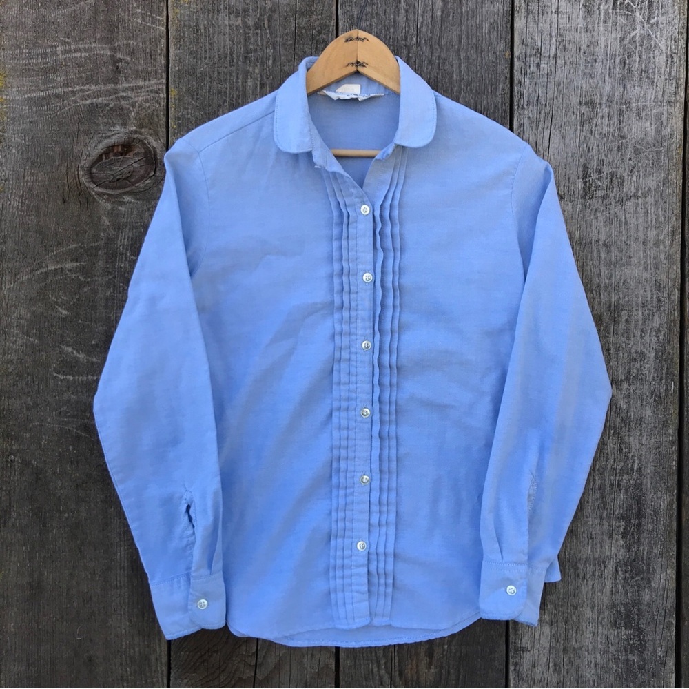 VTG 80s Wrangler Long Time Friend Pintuck Pleat Chambray Peter Pan Blouse XS-S